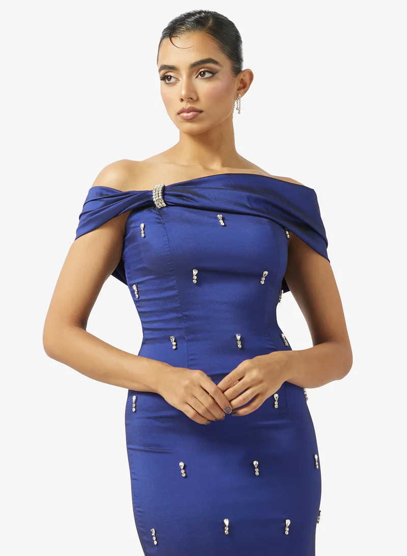 Akadia Fashion  OFF SHOULDER SCATTERED CRYSTALS TAFFETA DRESS for Women | Best Price UAE